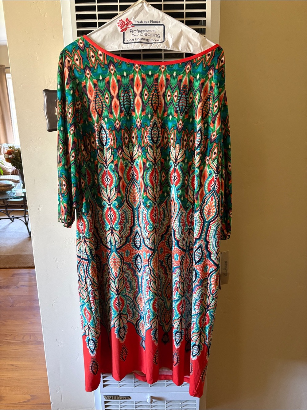 Eliza J Long Sleeve, Knee Length Dress in Green & Red-Orange Tribal Print